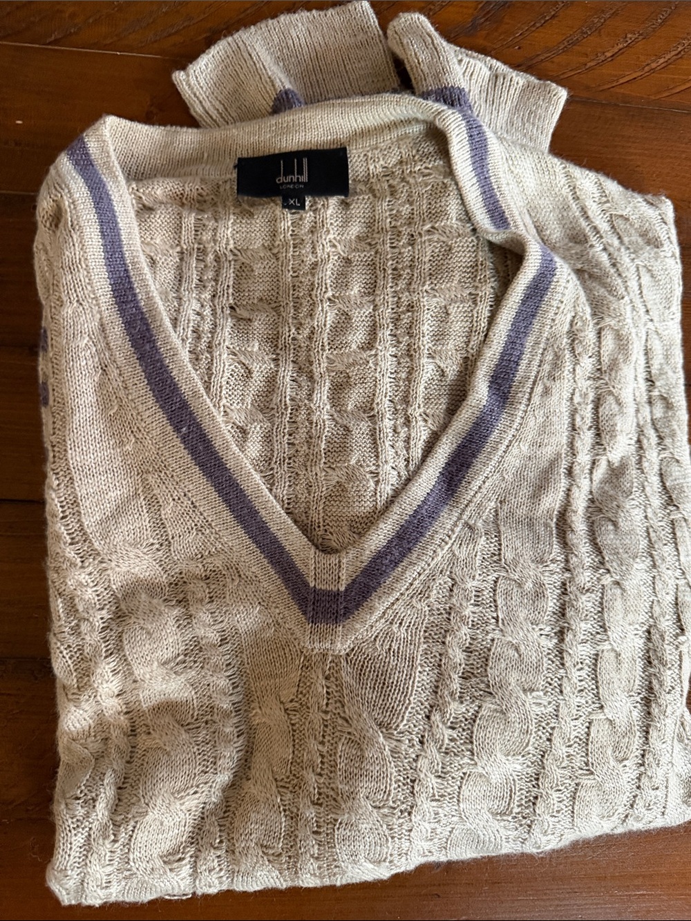 Dunhill Cream Cable-Knit V-Neck Sweater with Lavender Trim